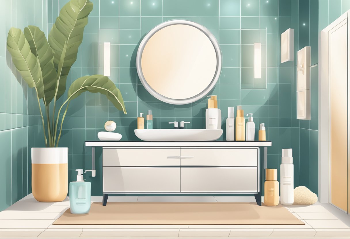 A serene bathroom counter with neatly arranged skincare products and tools, a soft towel, and a mirror reflecting a radiant glow