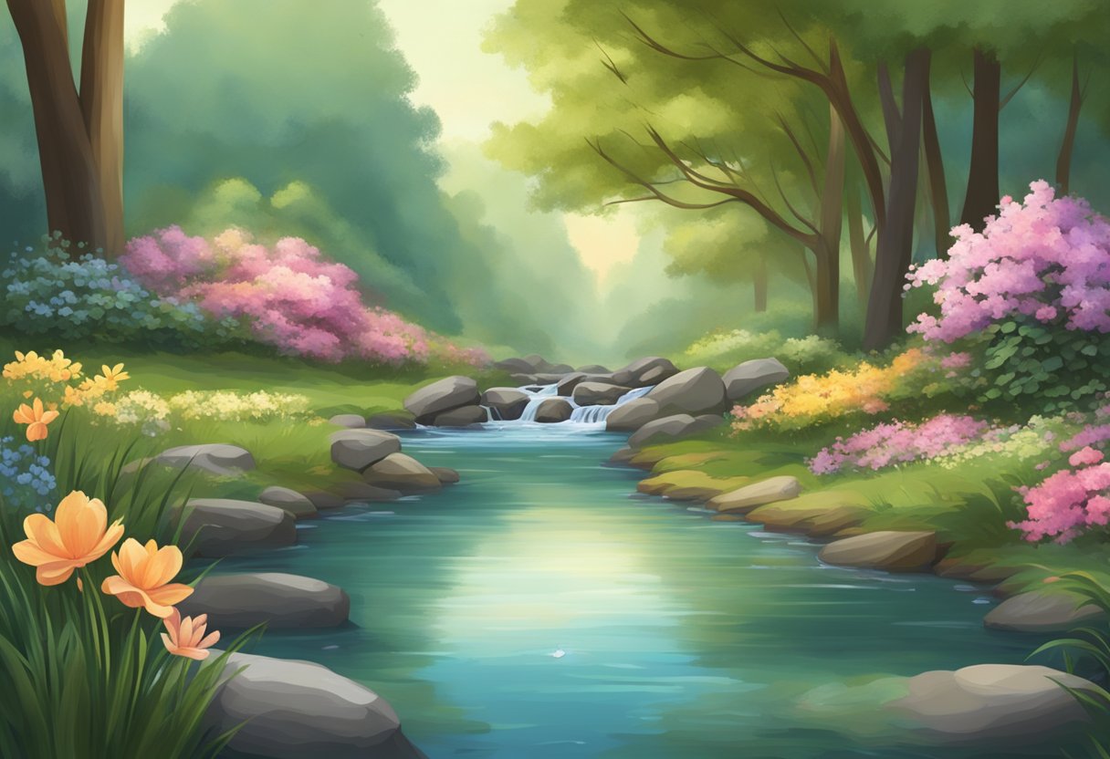 A serene nature scene with a peaceful setting, featuring a tranquil garden or forest with a flowing stream and blooming flowers, evoking a sense of calm and inner peace