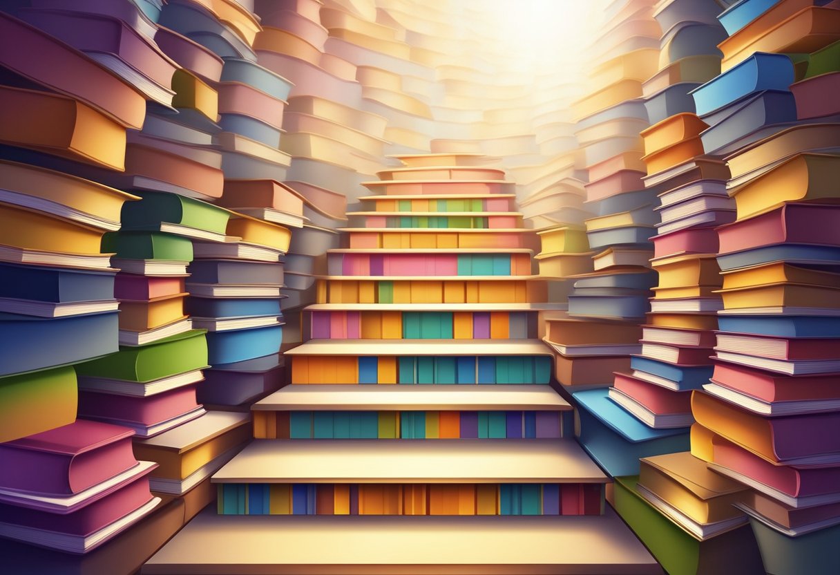 A stack of colorful books arranged in a staircase pattern with a glowing light at the top