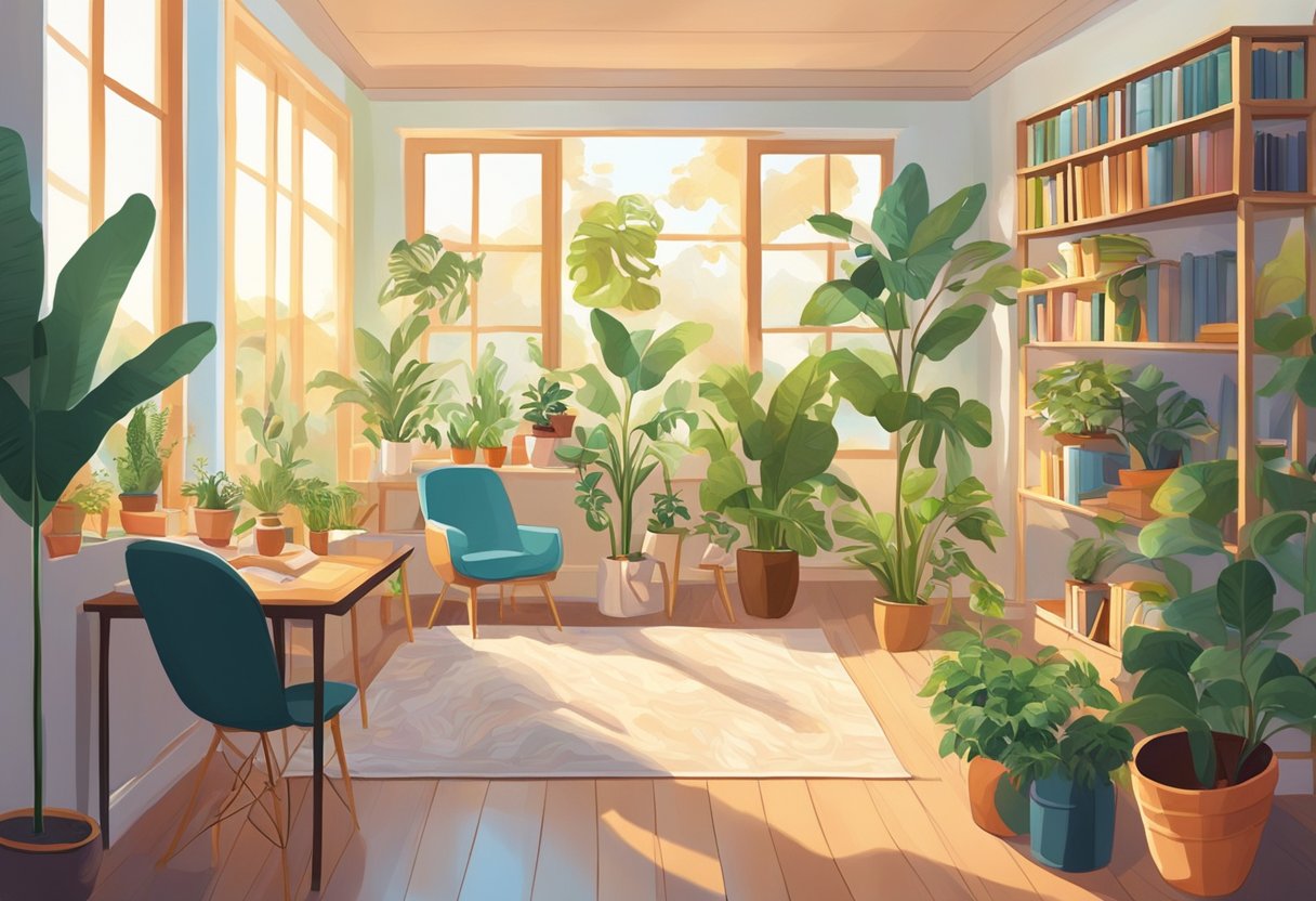 A bright, sunlit room with plants, books, art, and motivational posters. A cozy space with natural light and vibrant colors