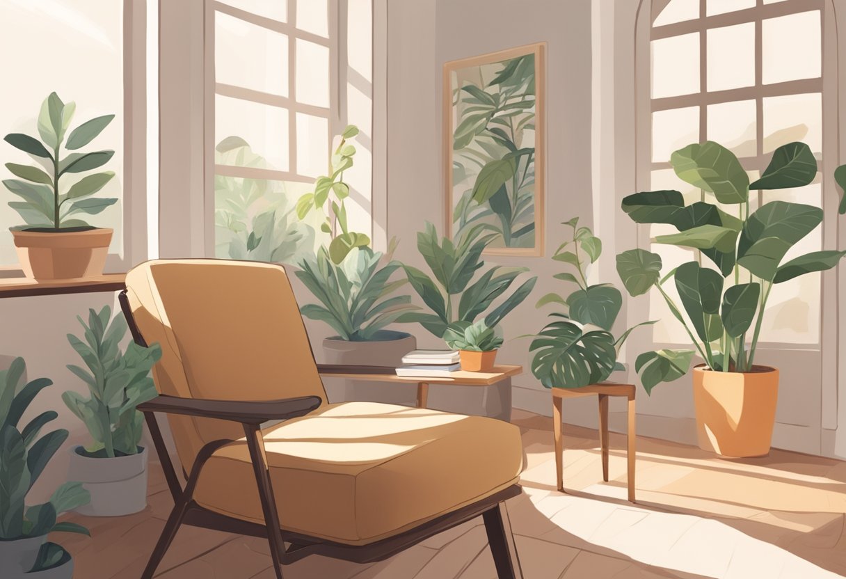 A serene, sunlit room with a mirror and plants. A journal and pen sit on a cozy chair, inviting self-reflection and growth