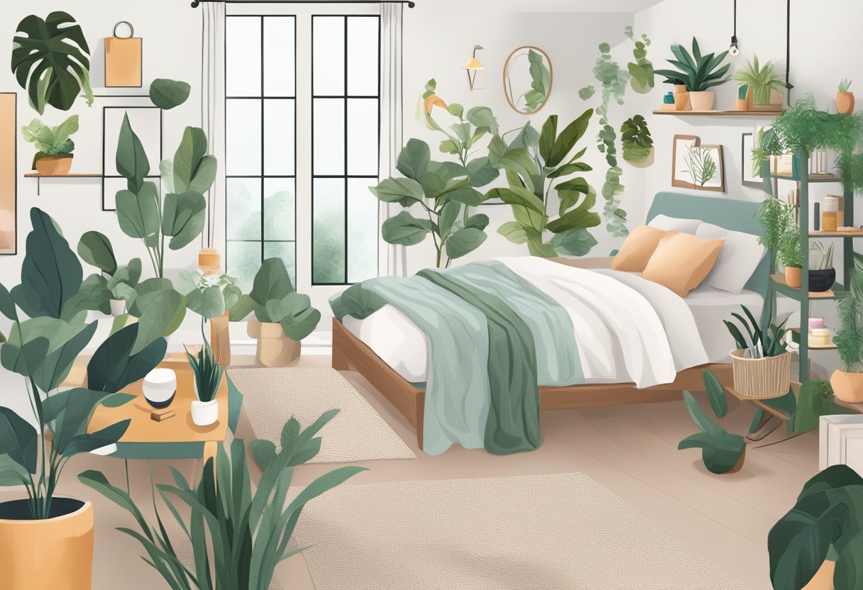 A cluttered bedroom transformed into a minimalist oasis with plants, skincare products, workout gear, healthy snacks, and a vision board