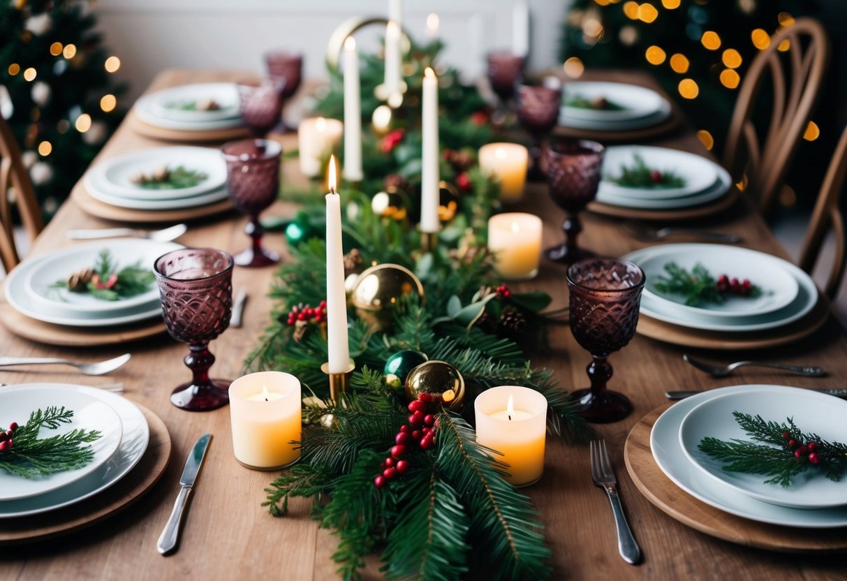 A festive Christmas tablescape with a mix of greenery, candles, and elegant dinnerware arranged on a wooden table