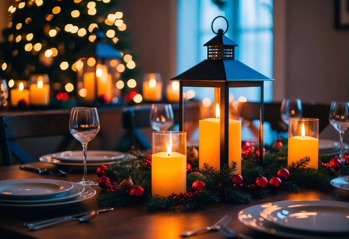 Candlelit lanterns illuminate a festive Christmas tablescape