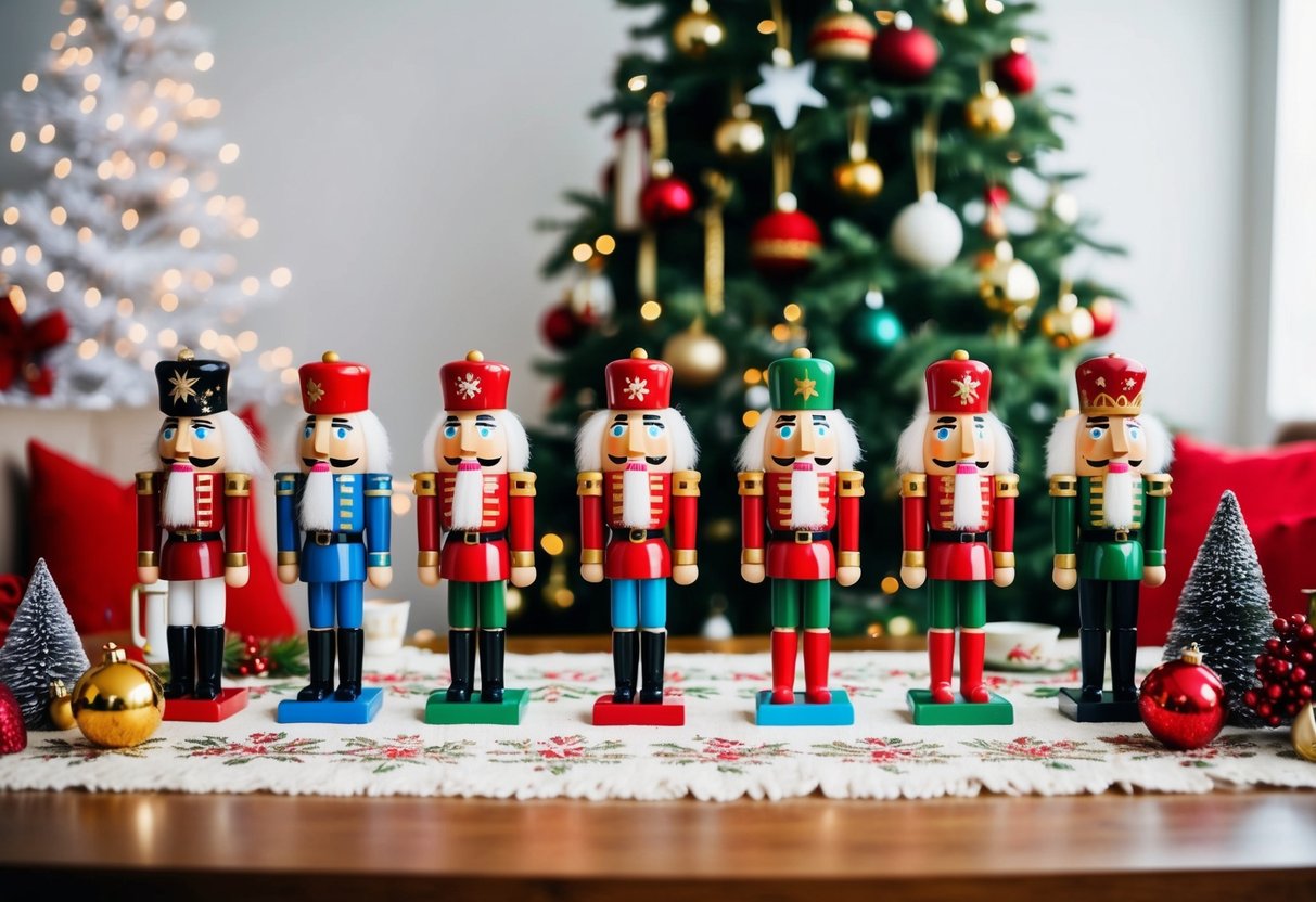 Mini Nutcracker figures arranged on a festive holiday table with various Christmas-themed decorations