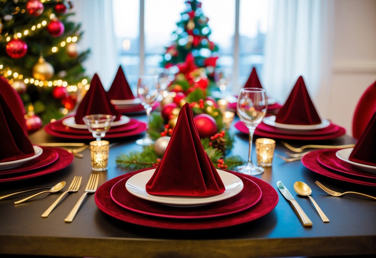 A festive table set with red velvet napkins, adorned with Christmas-themed decor and surrounded by holiday ambiance