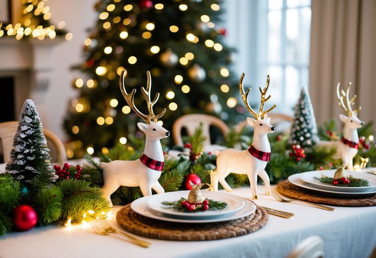 A festive table adorned with porcelain reindeer decor, surrounded by Christmas greenery and twinkling lights