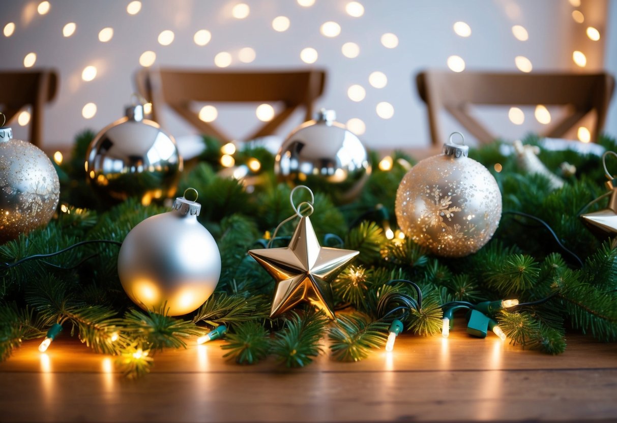 A festive tablescape with metallic star ornaments scattered among greenery and twinkling lights