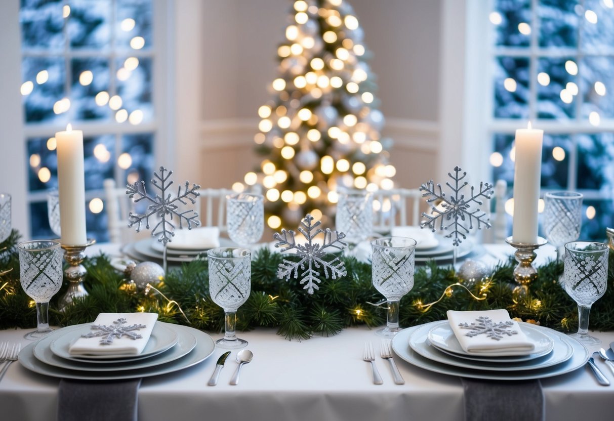 A winter wonderland tablescape with crystal snowflake accents, silver and white decor, twinkling lights, and festive holiday centerpieces