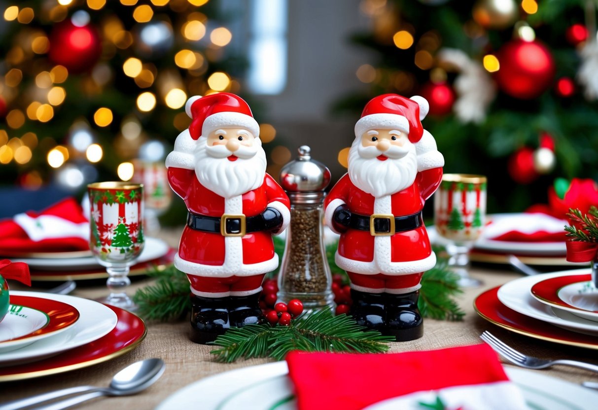 A festive tablescape featuring Santa Claus salt and pepper shakers surrounded by holiday-themed decorations and dinnerware