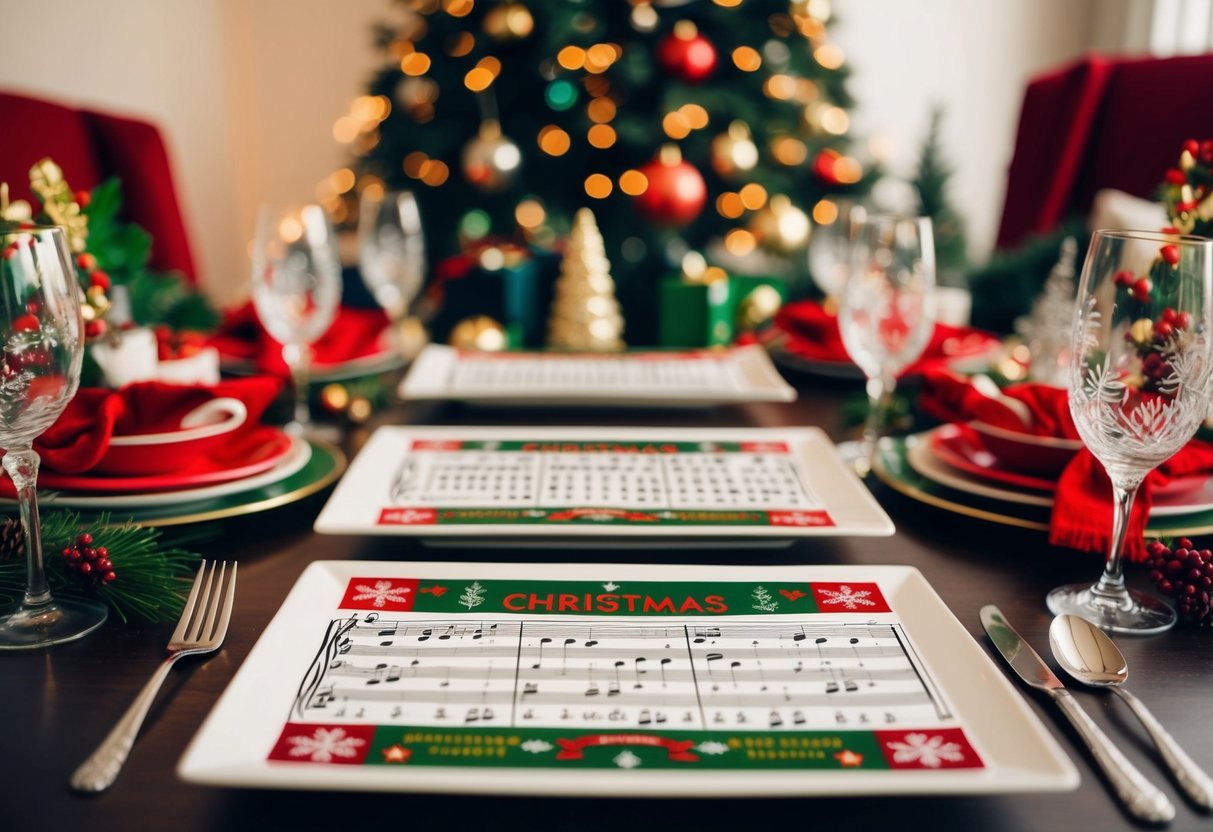 A festive table setting with Christmas carol sheet music placemats, surrounded by holiday-themed decorations and dinnerware