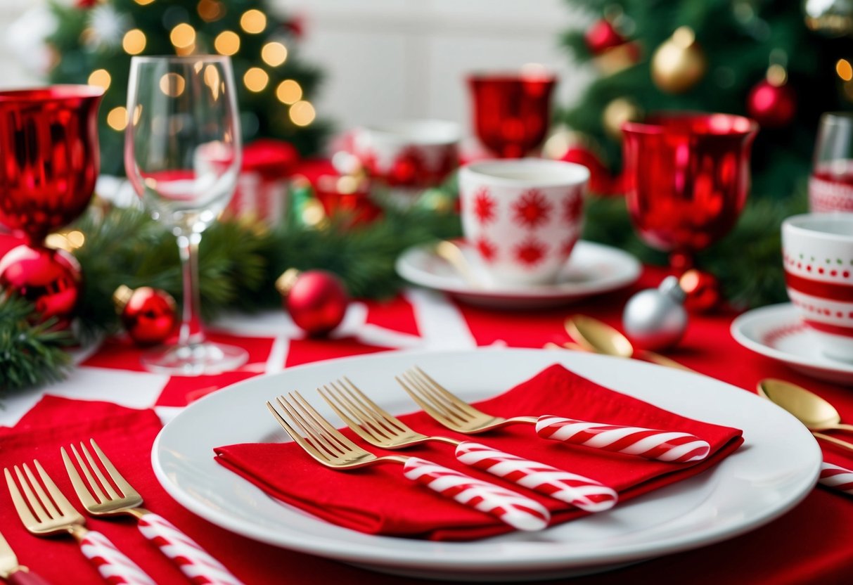 A festive table set with candy cane striped forks, surrounded by Christmas decorations and other holiday-themed tableware