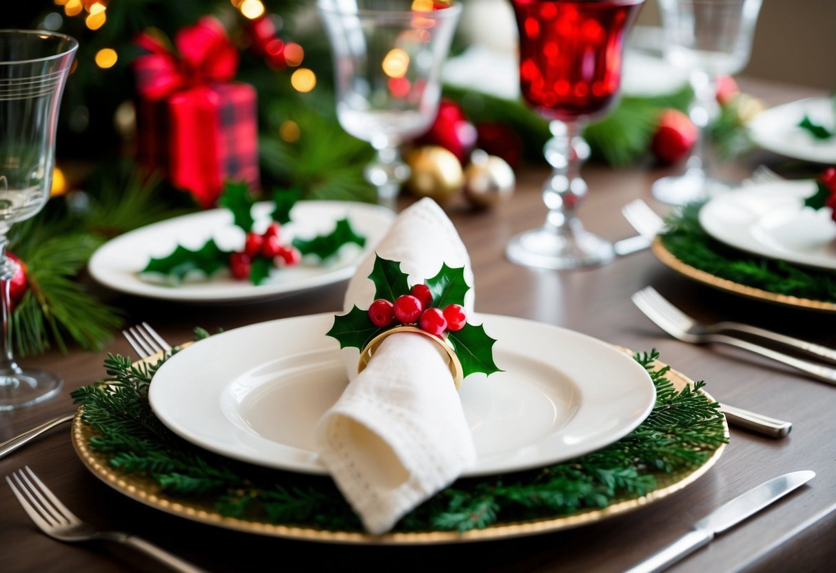 A festive table set with holly berry napkin rings, surrounded by Christmas decorations and tableware