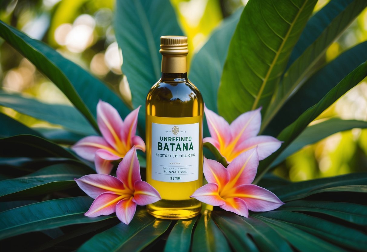 A bottle of unrefined batana oil surrounded by tropical leaves and flowers