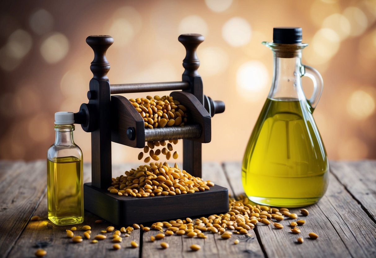 A wooden press extracting oil from batana seeds, with a bottle of unrefined oil and scattered seeds nearby