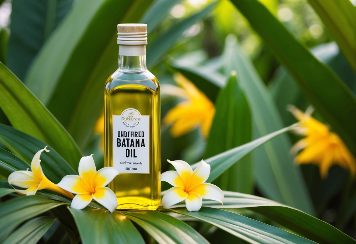 A bottle of unrefined batana oil surrounded by tropical leaves and flowers