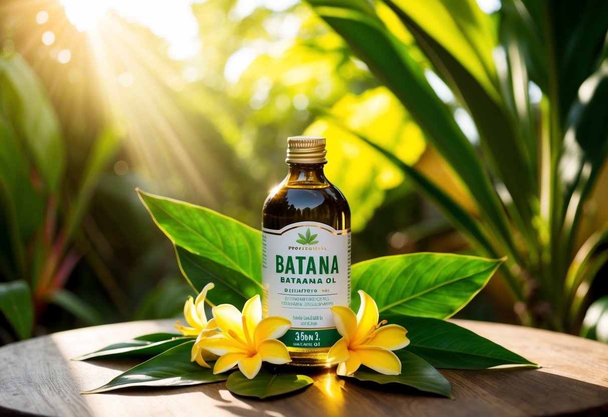 A bottle of batana oil sits on a wooden table, surrounded by tropical leaves and flowers. The sunlight streams in, casting a warm glow on the bottle