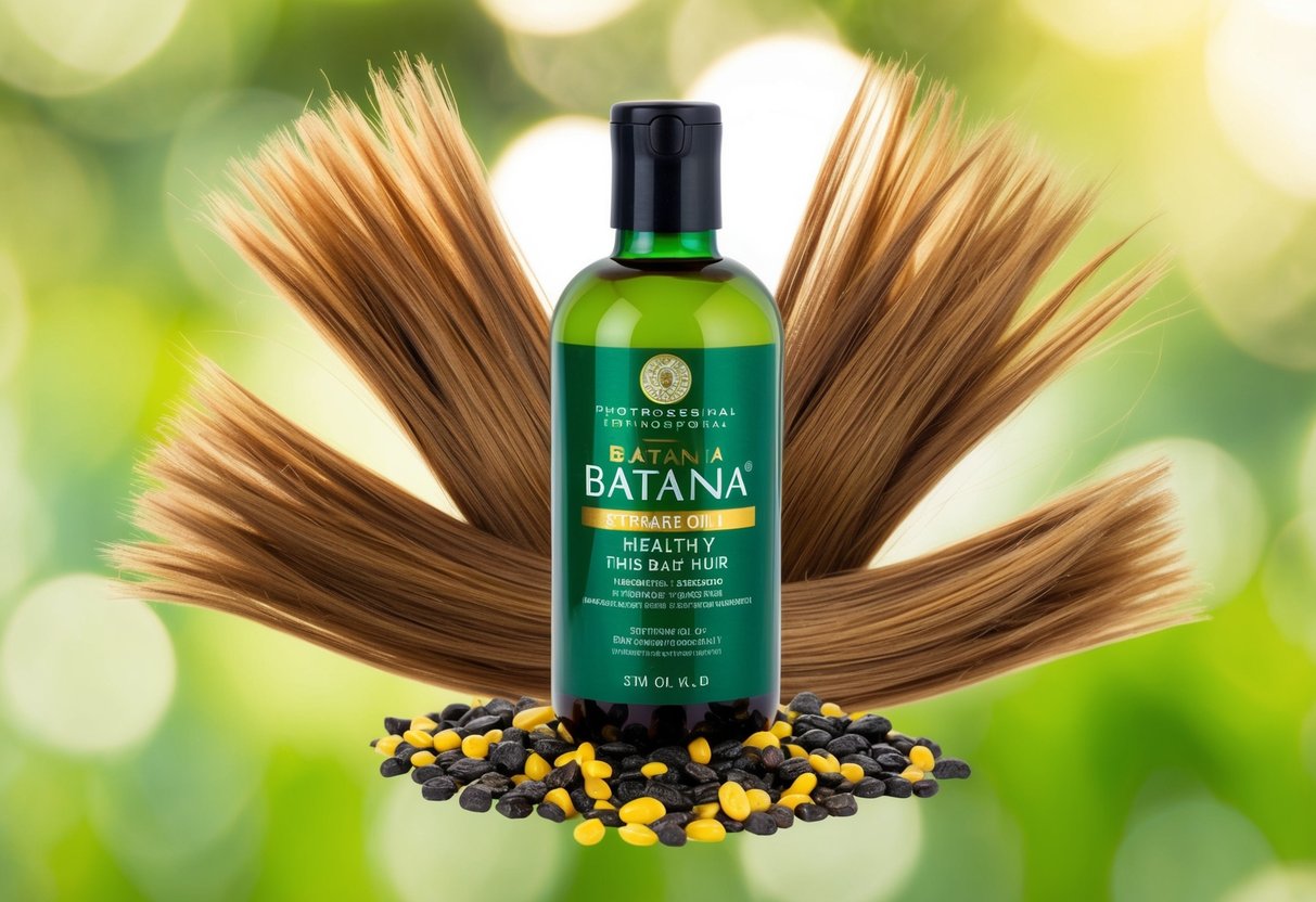 A bottle of batana oil surrounded by vibrant, healthy hair strands, with a soft, natural background