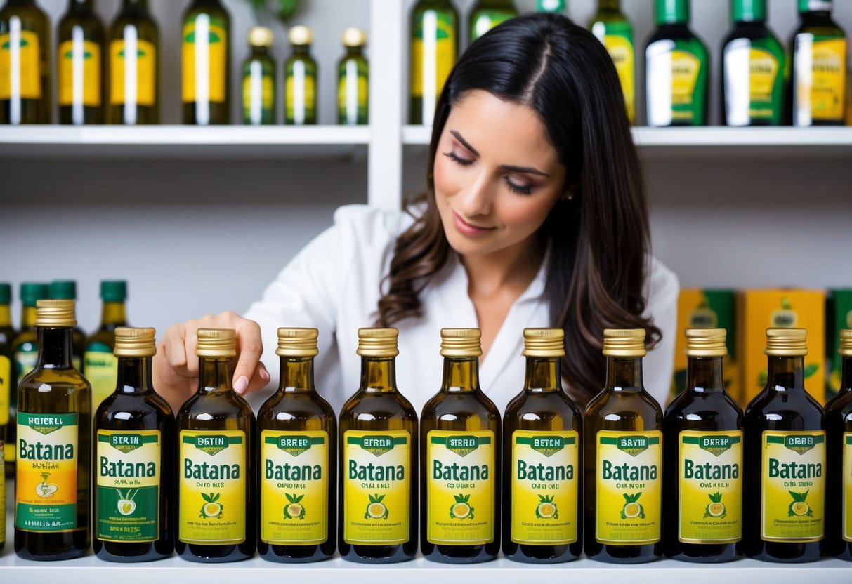 A woman carefully inspects various bottles of batana oil on a shelf, comparing labels and examining the quality of each brand