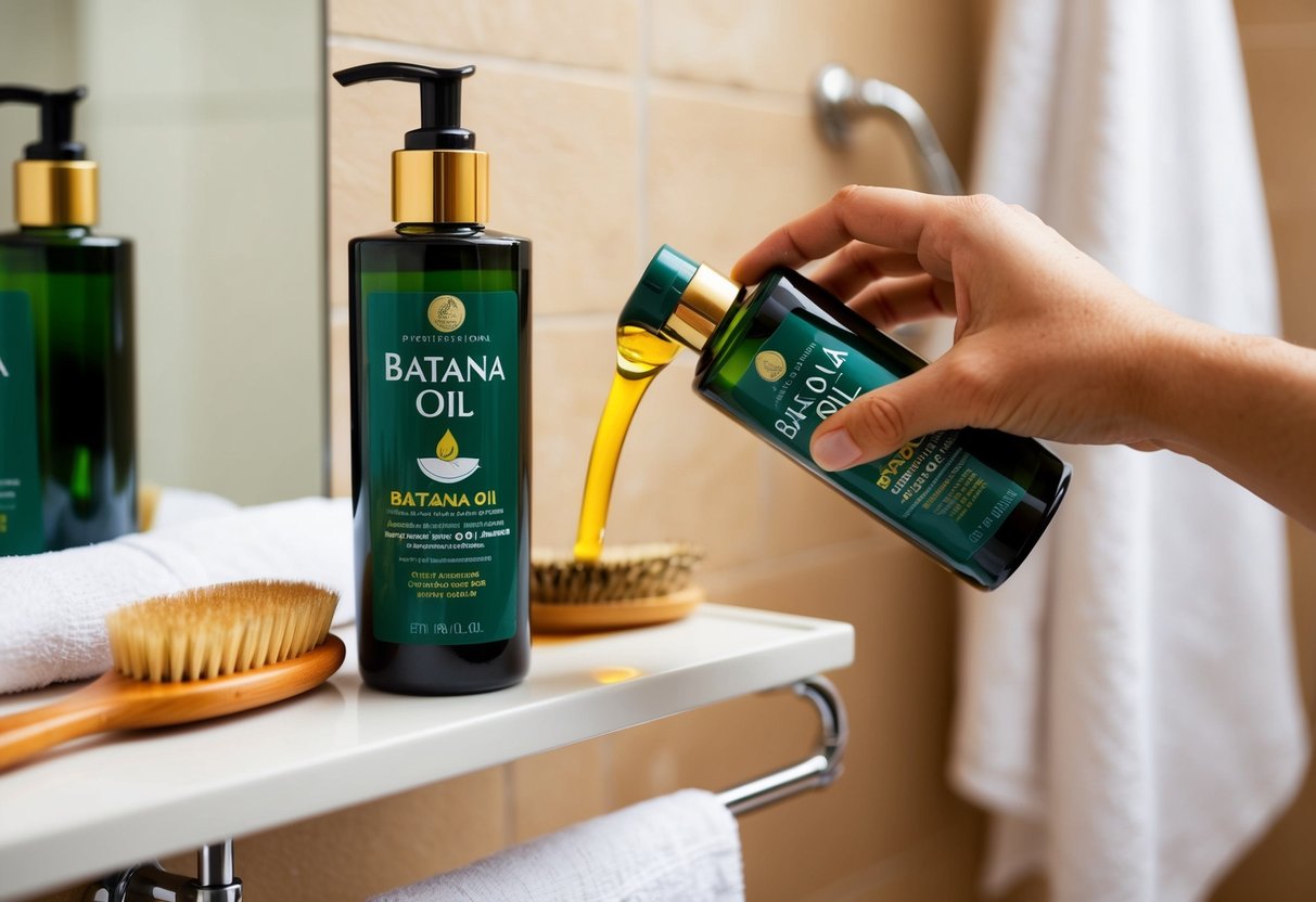 A bottle of batana oil sits on a bathroom shelf, next to a hairbrush and a towel. The oil is being poured onto a hand and then massaged into the hair