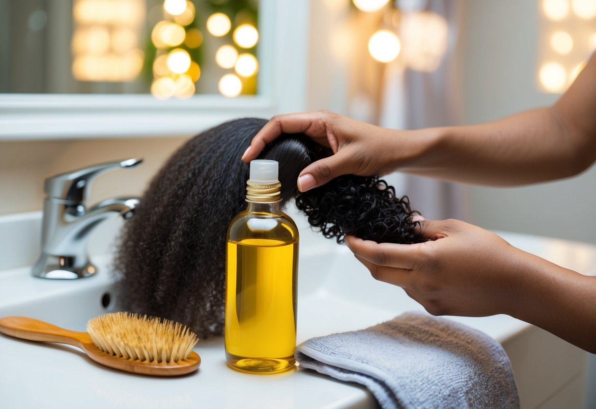 A bottle of batana oil sits on a bathroom counter, next to a hairbrush and a towel. The oil is being gently massaged into different types of hair, from straight to curly to coiled