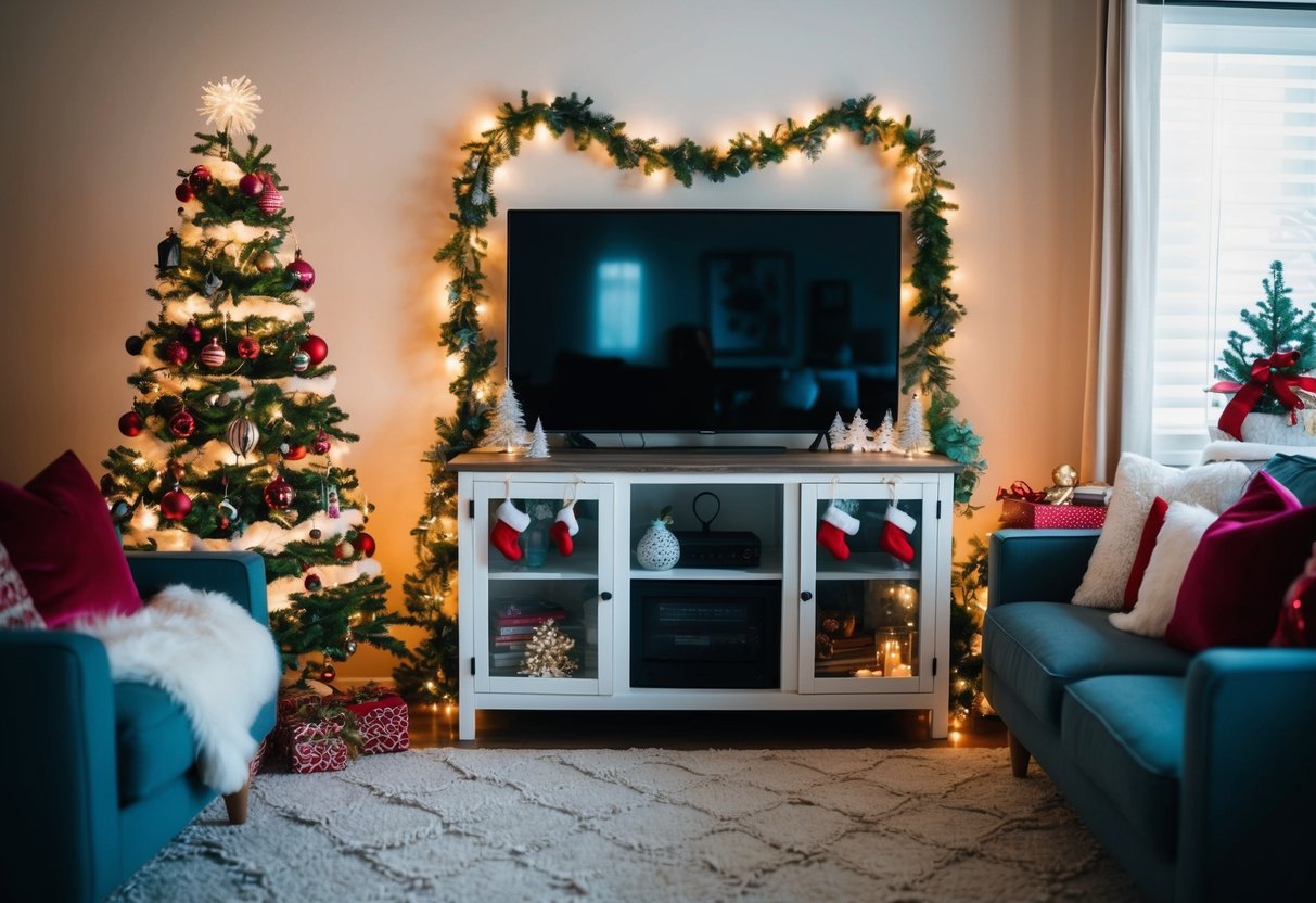 A cozy living room with a TV stand adorned with festive decorations such as twinkling lights, garlands, stockings, and ornaments