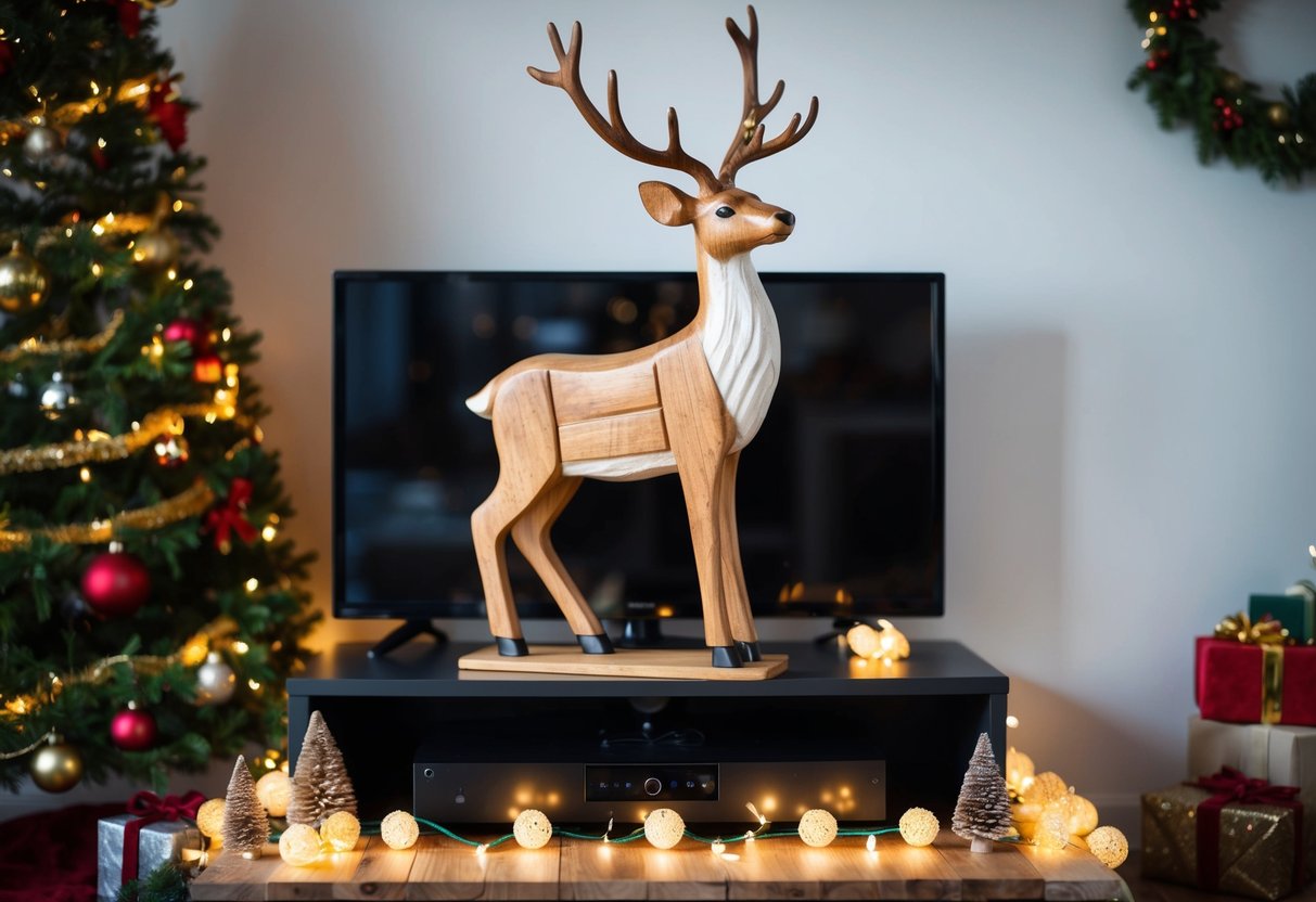 A rustic wooden reindeer stands atop a TV stand, surrounded by festive Christmas decor and twinkling lights