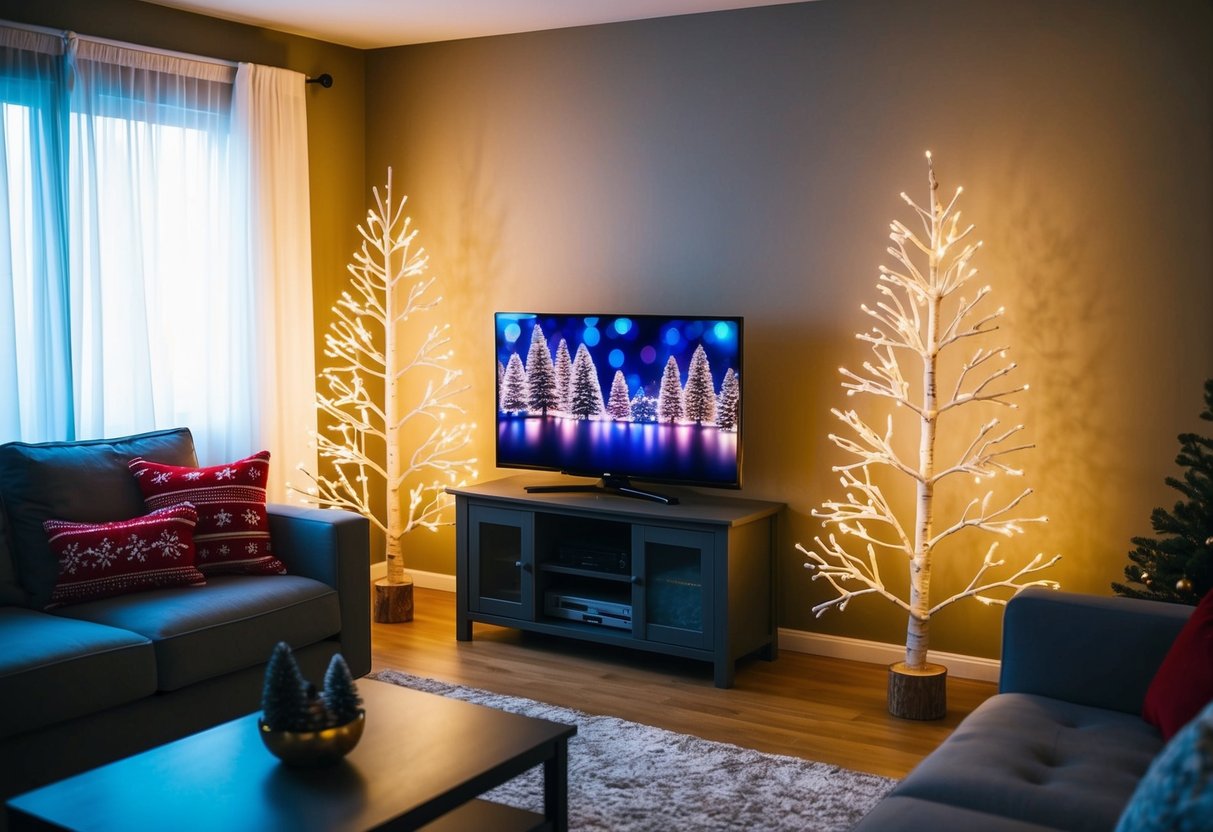 A cozy living room with a TV stand adorned with LED faux birch trees, creating a festive Christmas atmosphere