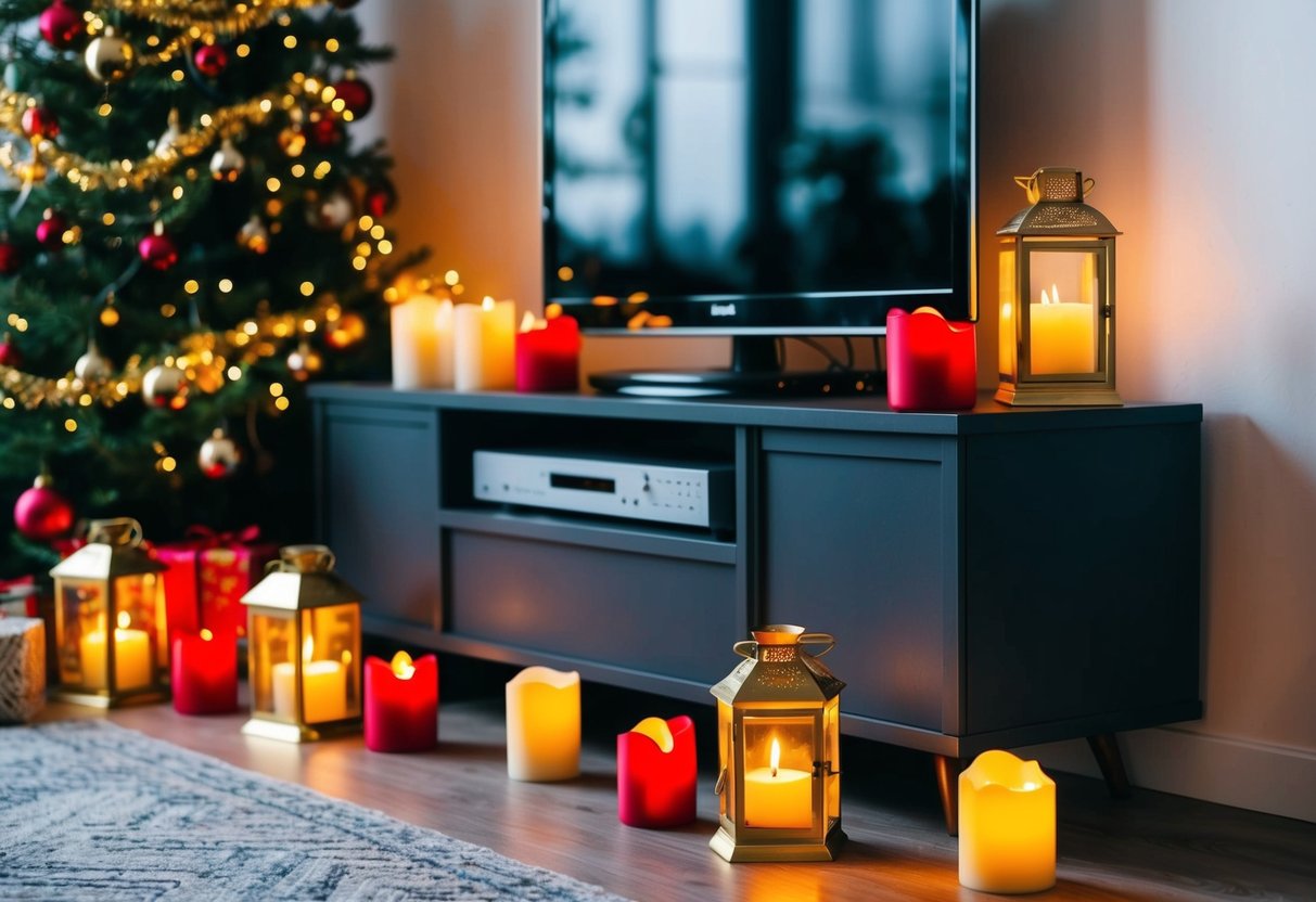 A TV stand adorned with festive candle lanterns, adding warmth and holiday cheer to the room