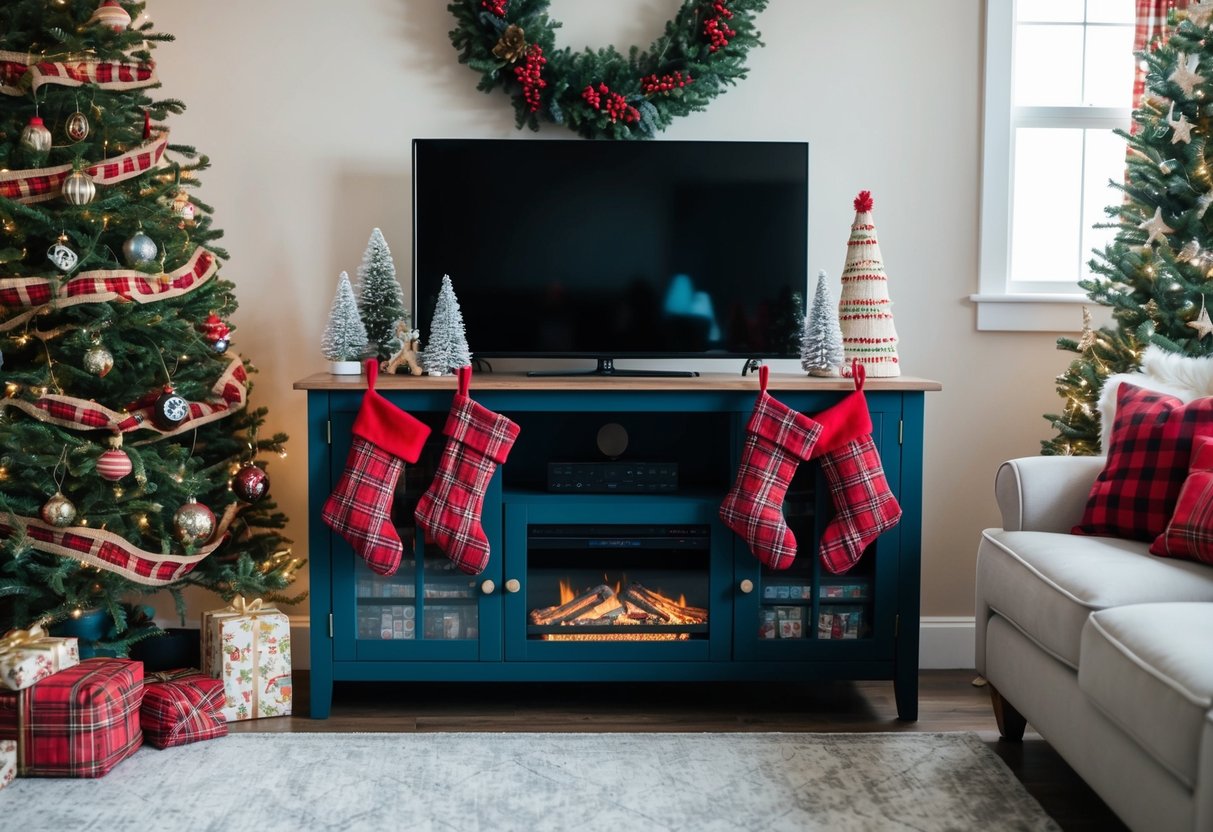 A cozy living room with a festive TV stand adorned with plaid Christmas stockings and other holiday decorations