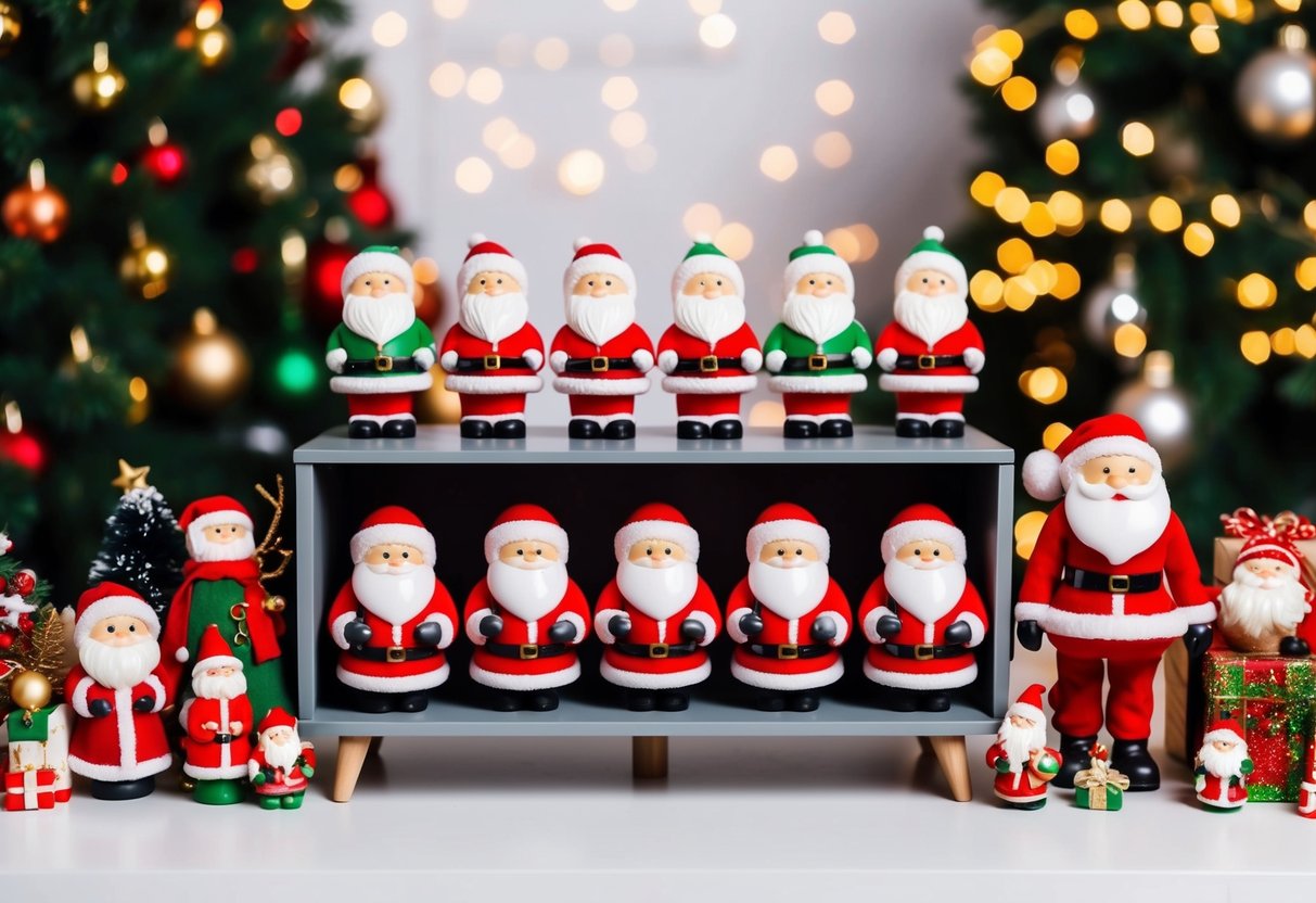 A festive TV stand adorned with 20 miniature Santa figurines and other Christmas decorations