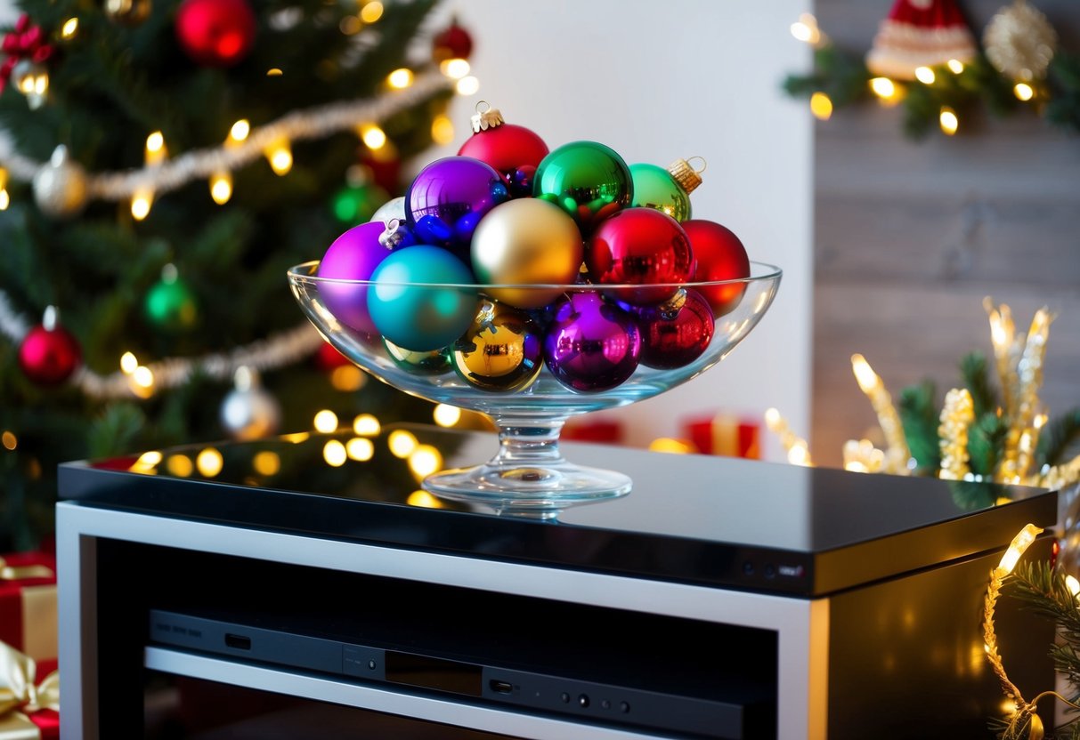 A glass bowl filled with colorful ornaments sits atop a TV stand, surrounded by festive decorations and twinkling lights