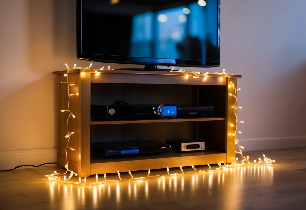 A TV stand adorned with a copper fairy light string, creating a warm and festive ambiance