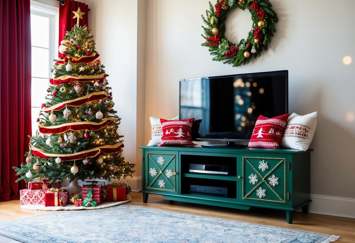 A cozy living room with a festive TV stand adorned with holiday-themed throw pillows and Christmas decorations