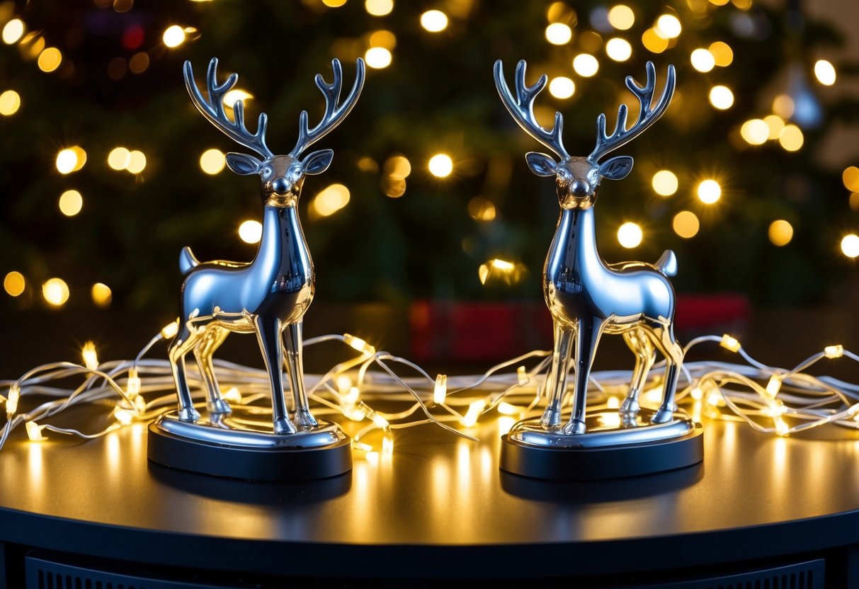 Two metallic reindeer statues surrounded by twinkling lights on a TV stand