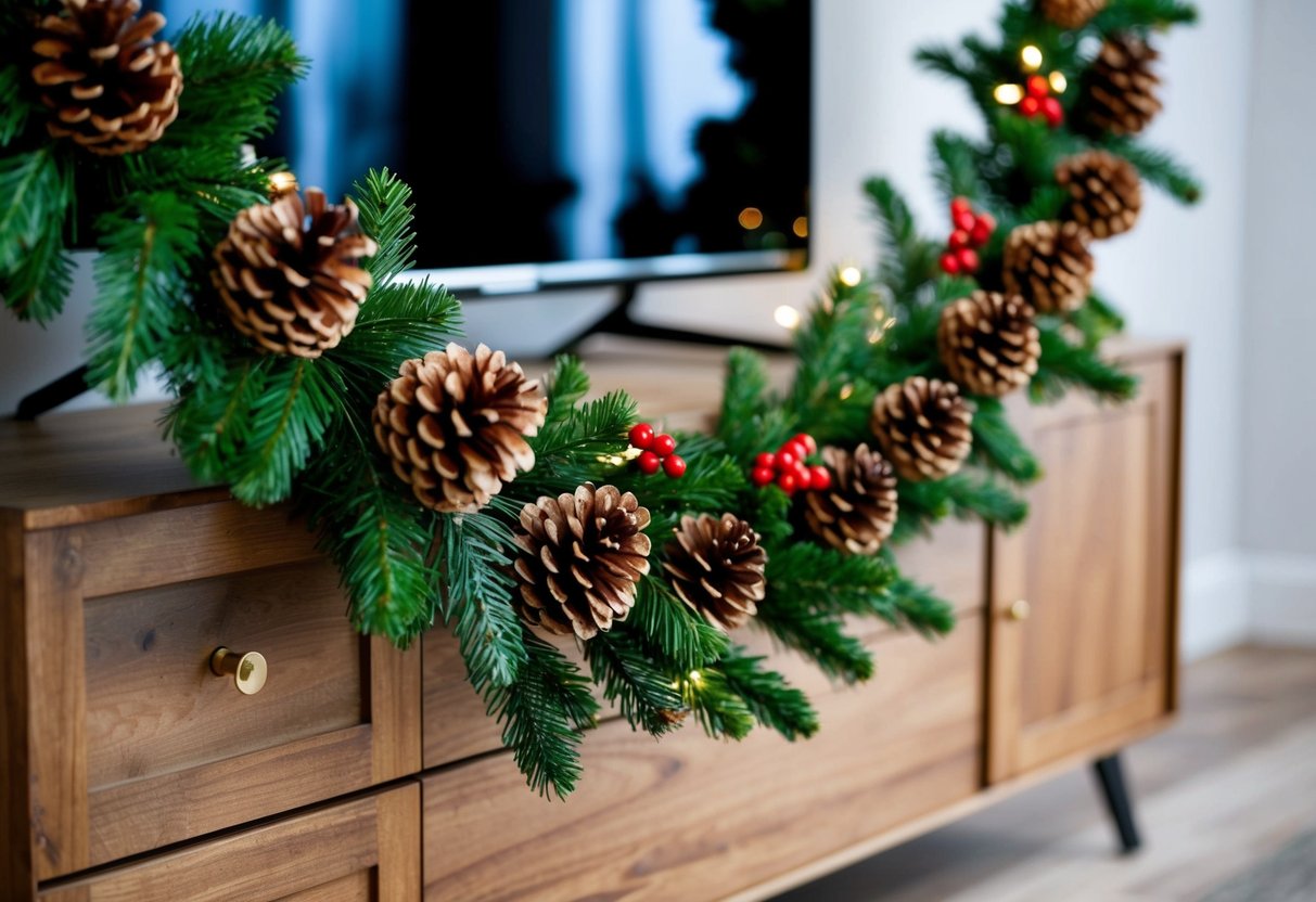 A garland made of pine cones and berries drapes across a festive TV stand, adding a touch of holiday charm to the room