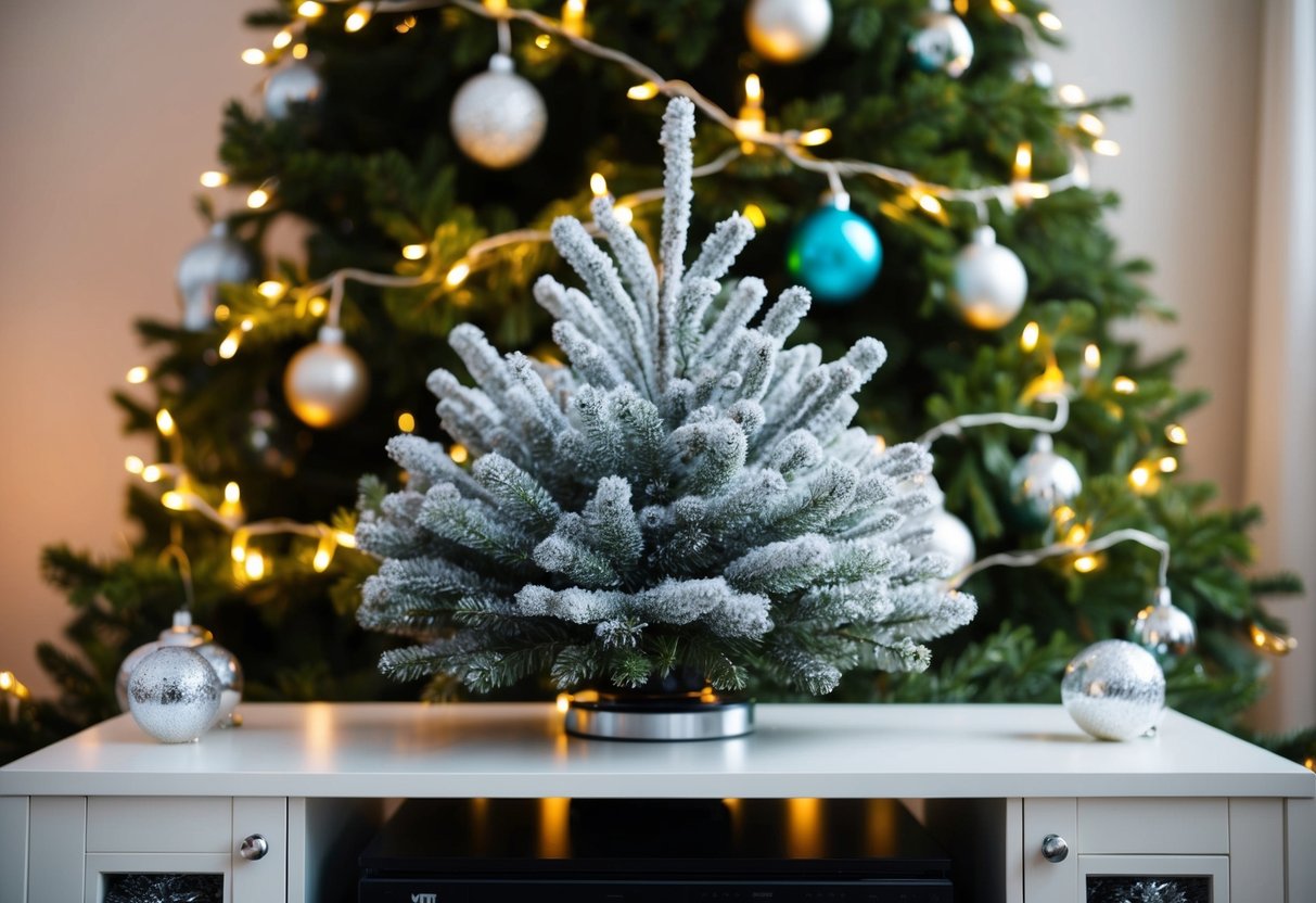 A frosted pine centerpiece sits atop a TV stand, surrounded by twinkling lights and other festive decorations