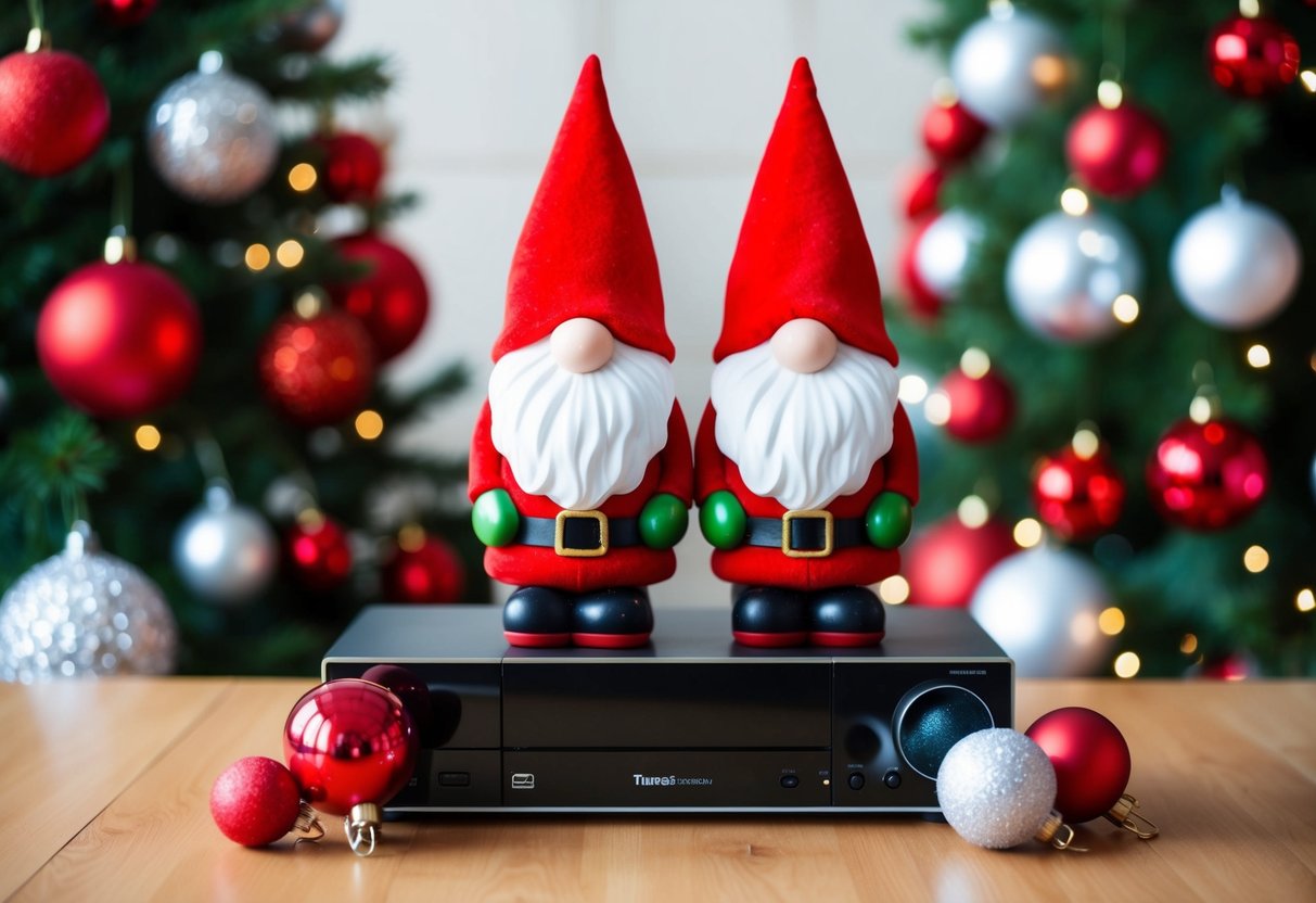 Two festive Christmas gnomes surrounded by red and white decorations on a TV stand