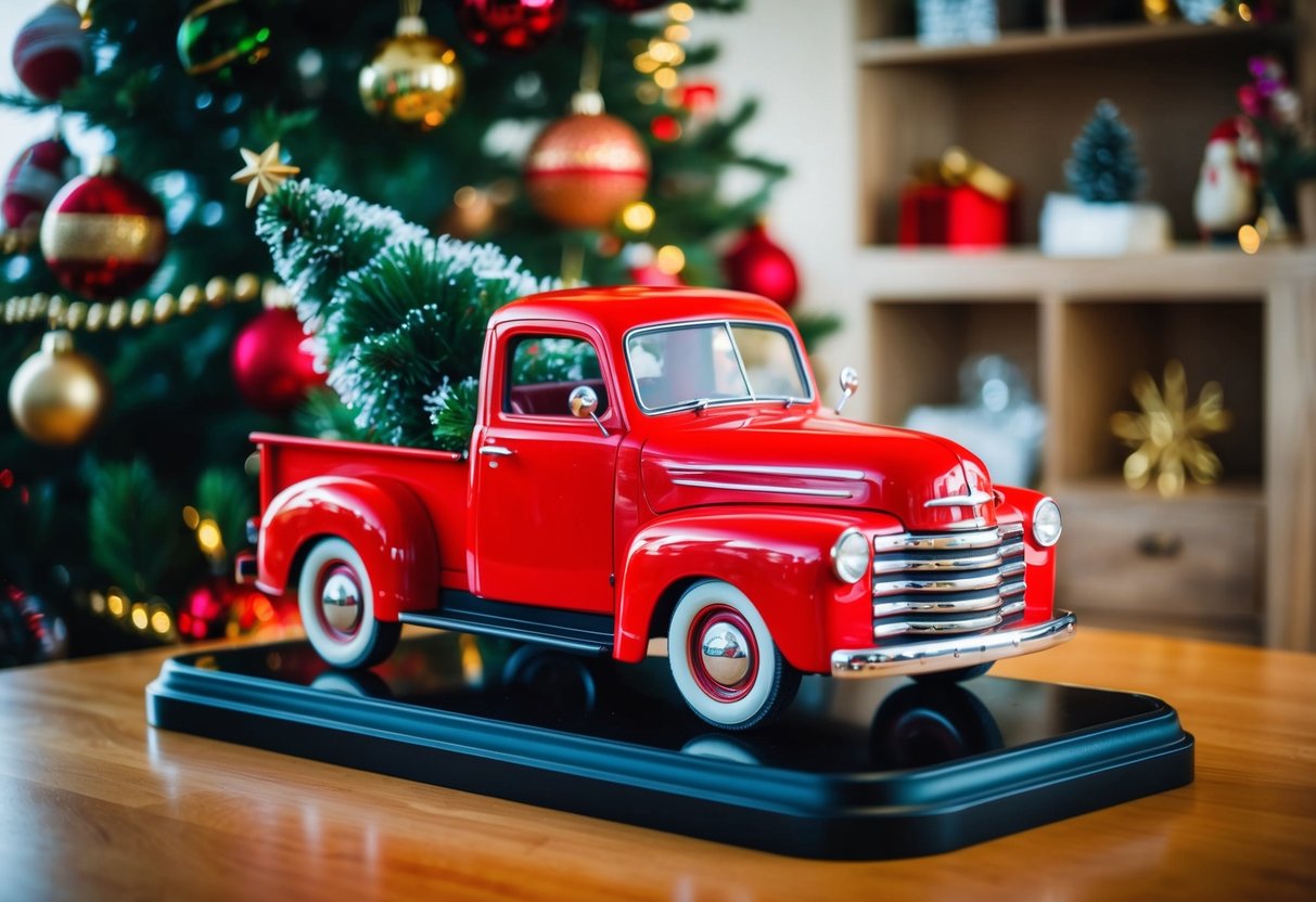 A vintage red truck with a Christmas tree in the back, surrounded by festive decorations on a TV stand