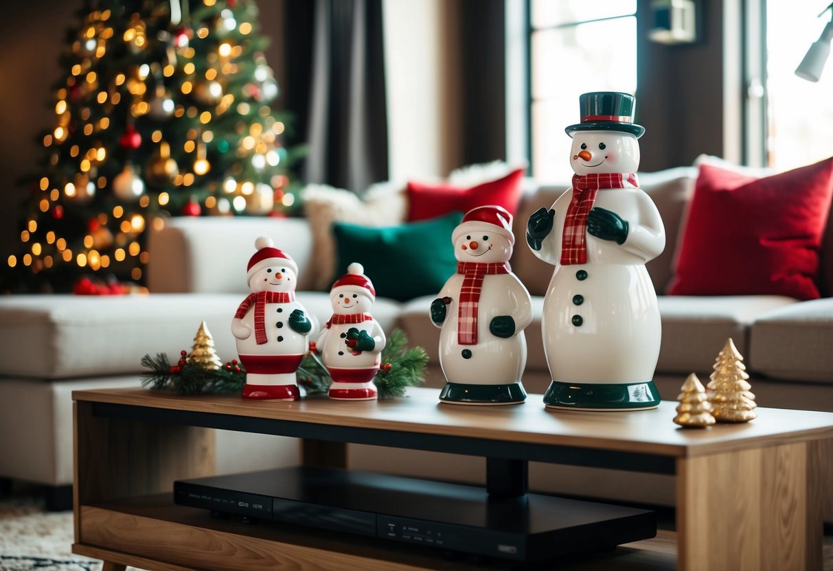 A cozy living room with a TV stand adorned with a ceramic snowman family set, surrounded by festive Christmas decor