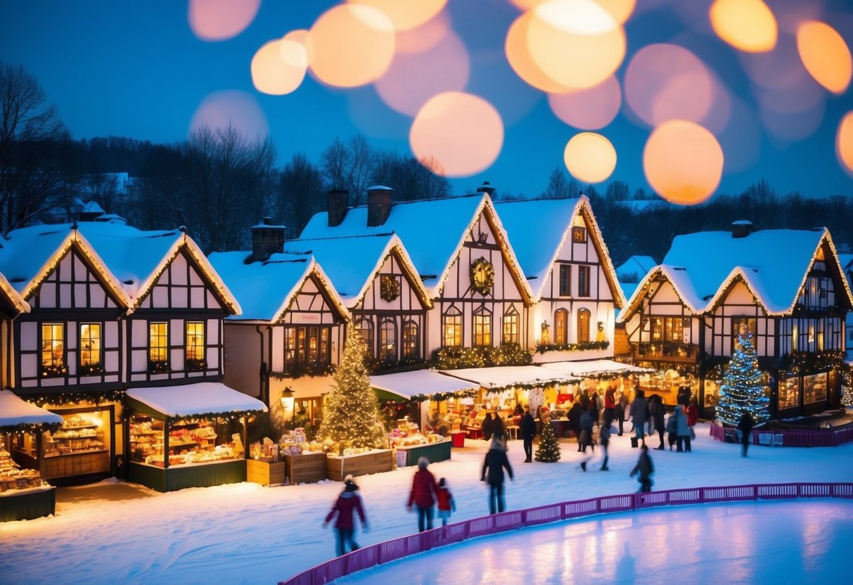 A cozy Christmas village with twinkling lights, snow-covered houses, a bustling market, and a festive ice skating rink