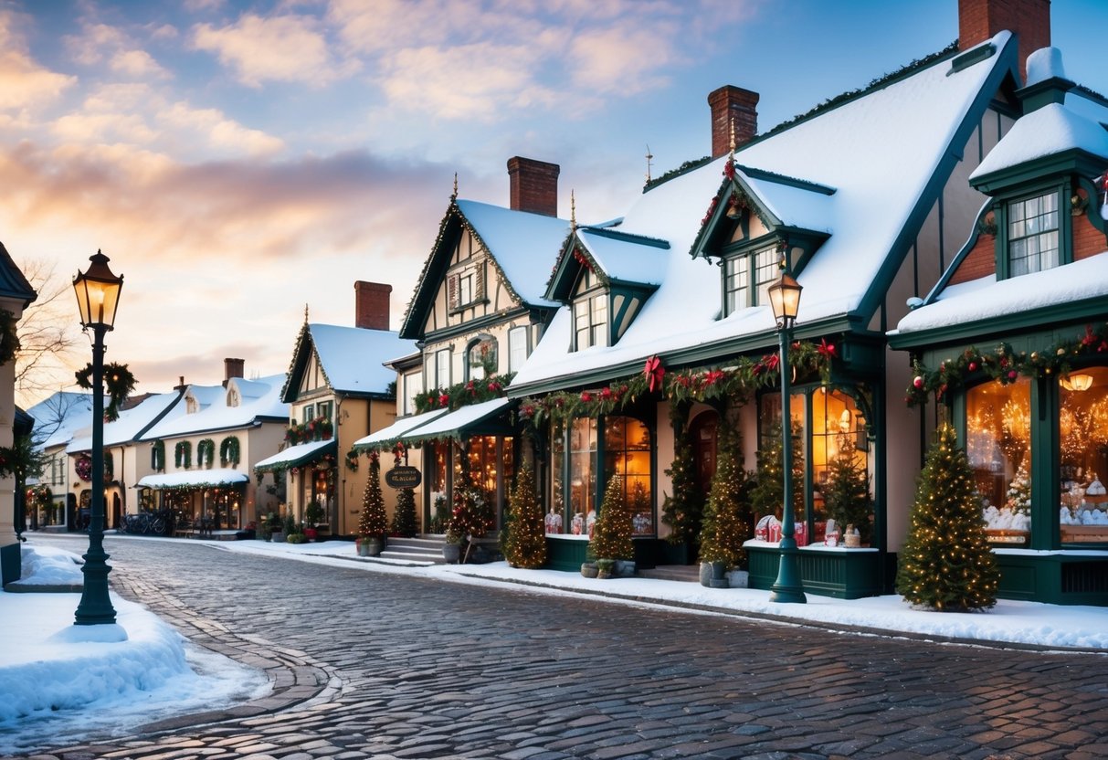 A quaint Victorian Christmas village with cobblestone streets, gas street lamps, and snow-covered rooftops. Elegant storefronts display festive decorations and holiday treats