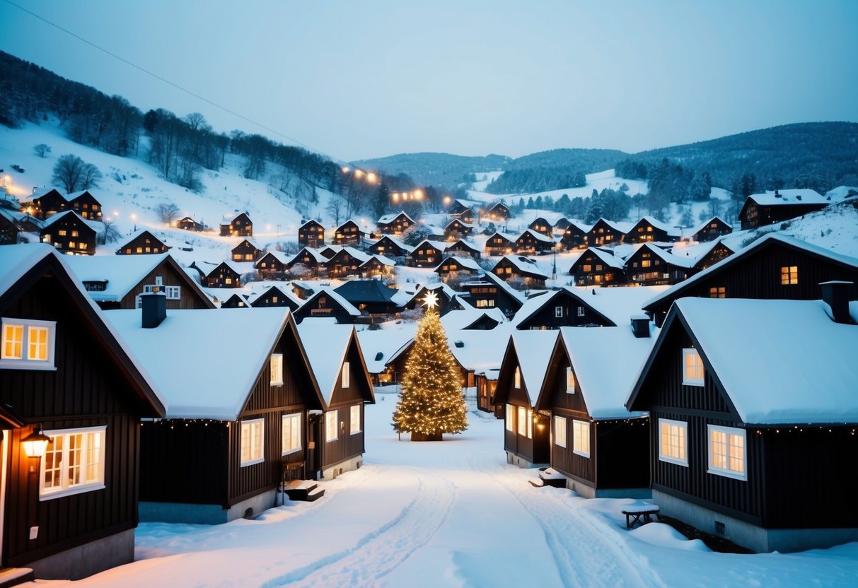 A cozy Nordic village nestled in snow-covered hills, with charming wooden houses, twinkling lights, and a central Christmas tree