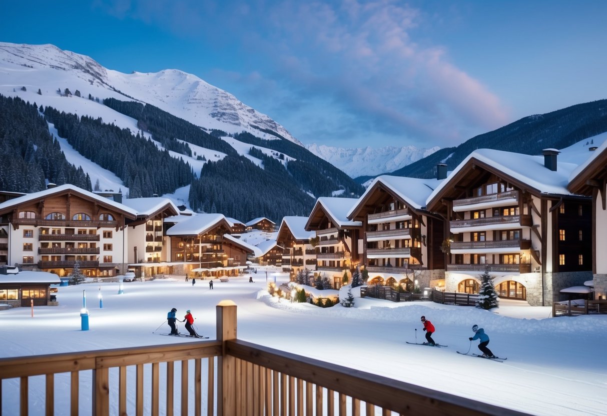 A cozy alpine ski resort nestled in the snow-covered mountains, with charming chalets, twinkling Christmas lights, and skiers gliding down the slopes