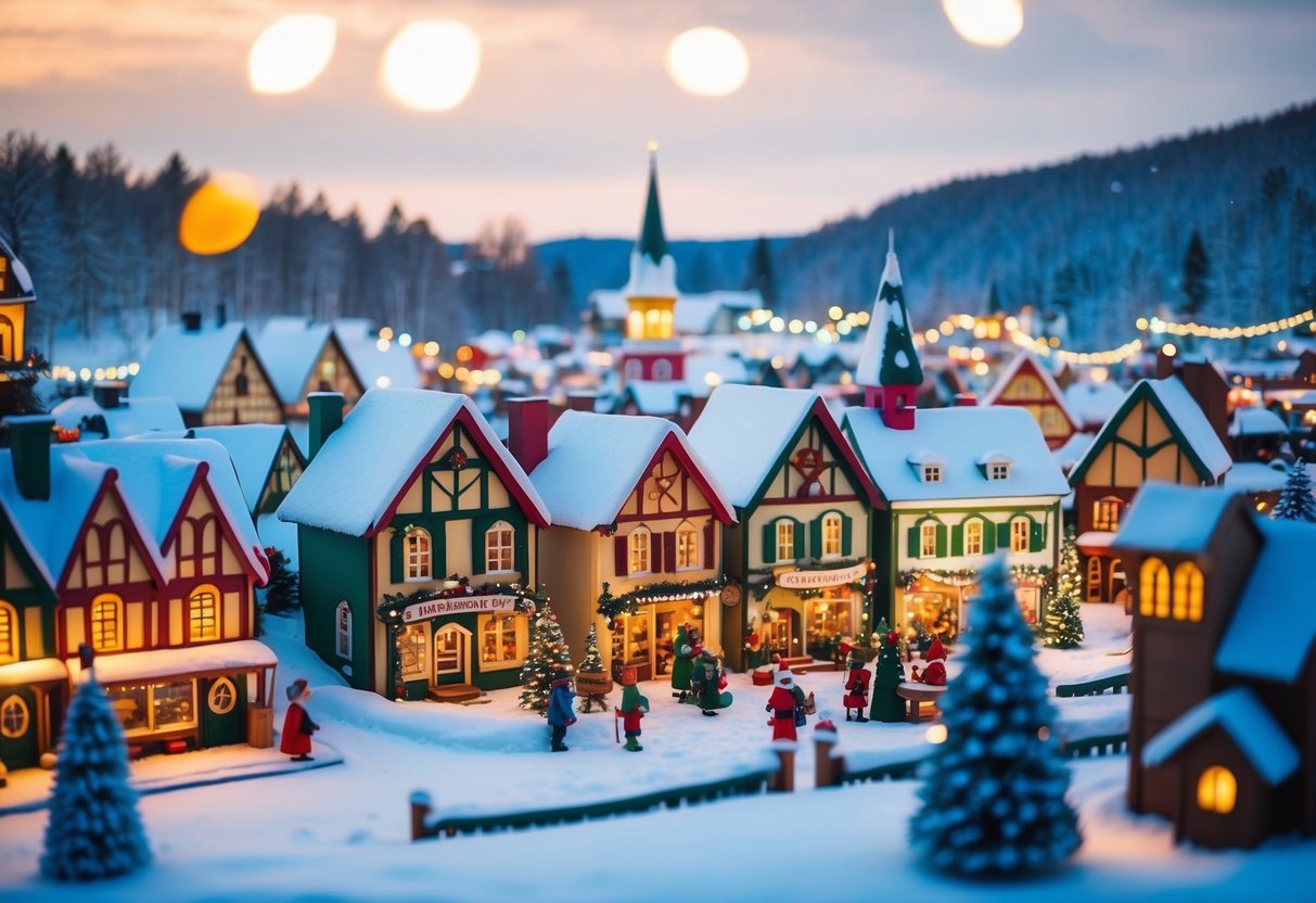 A cozy elf town nestled in a snowy forest, with colorful houses, twinkling lights, and a bustling town square