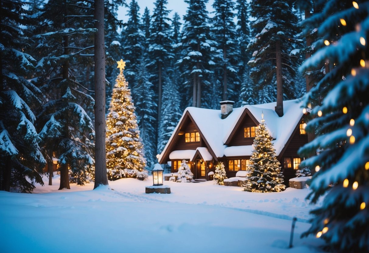 A cozy winter forest retreat with snow-covered trees, twinkling lights, and a charming Christmas village nestled among the pines