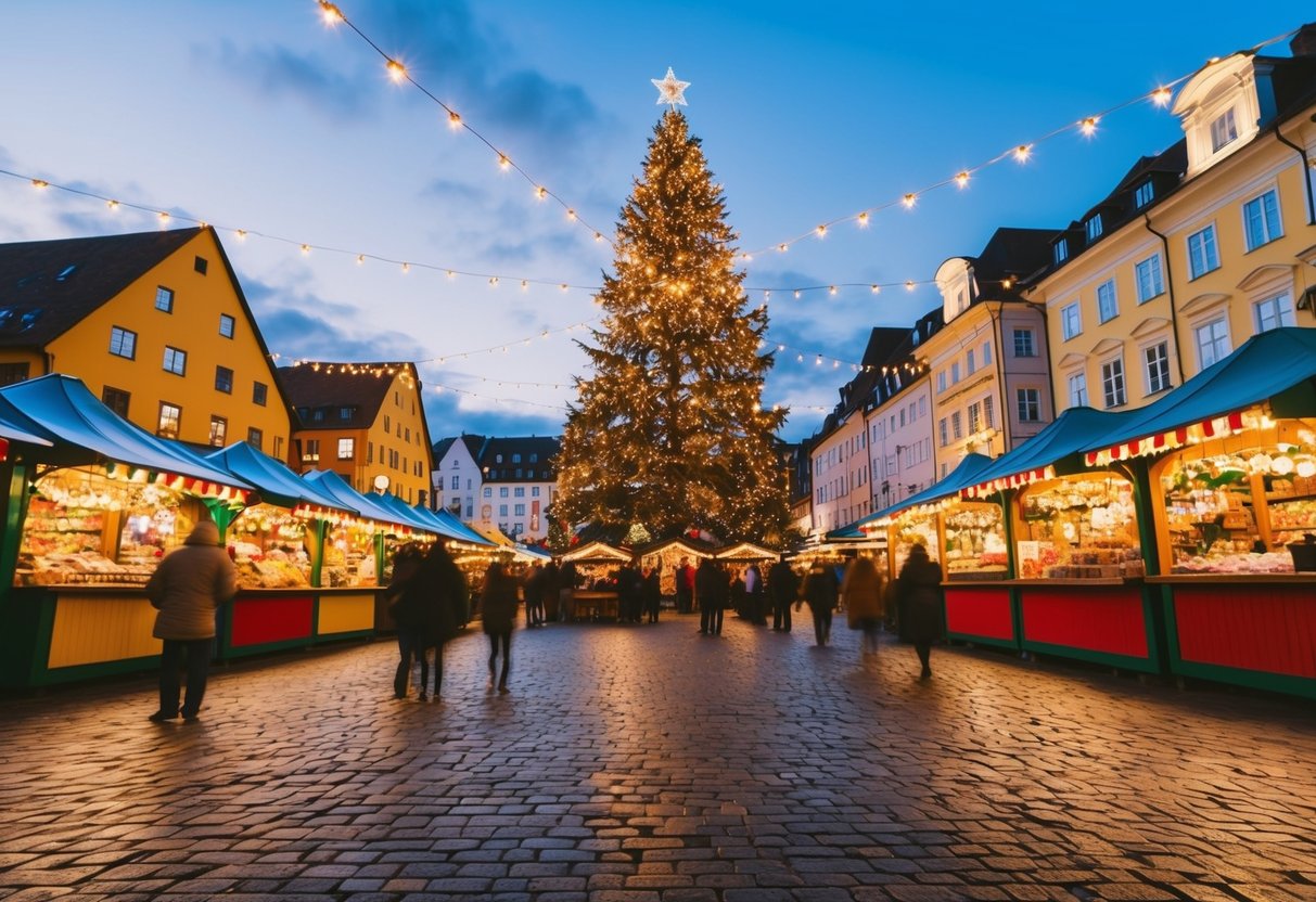 A festive Christmas market square with colorful stalls, twinkling lights, and a towering Christmas tree in the center