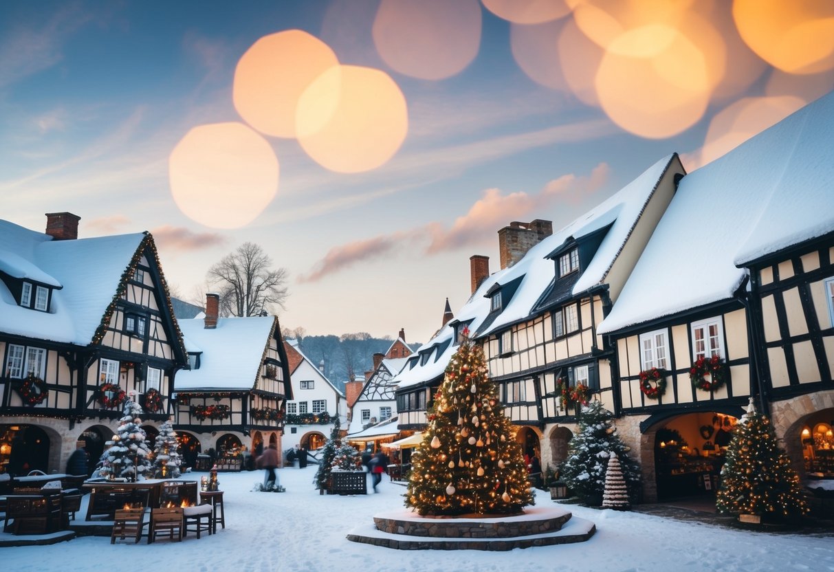 A snow-covered historical Christmas village with quaint cottages, a bustling market square, and festive decorations adorning the buildings