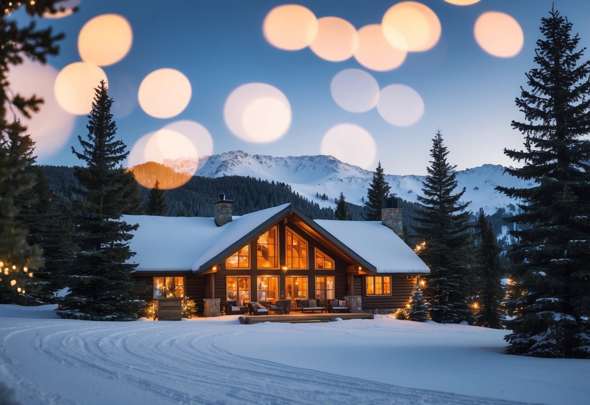 A cozy lodge nestled in a snowy mountain setting, surrounded by pine trees and twinkling lights, with a warm glow emanating from the windows