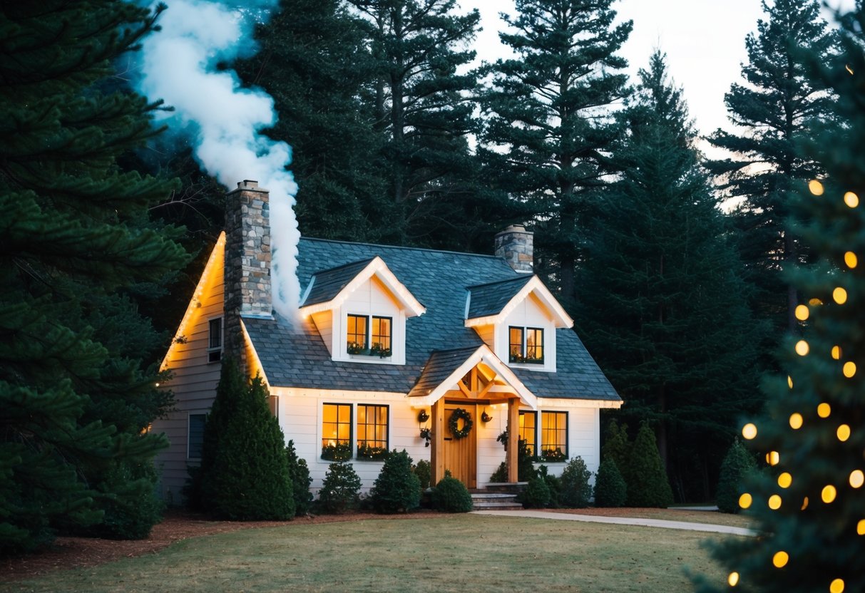 A cozy cottage nestled among tall pine trees, with smoke curling from the chimney and twinkling Christmas lights adorning the exterior